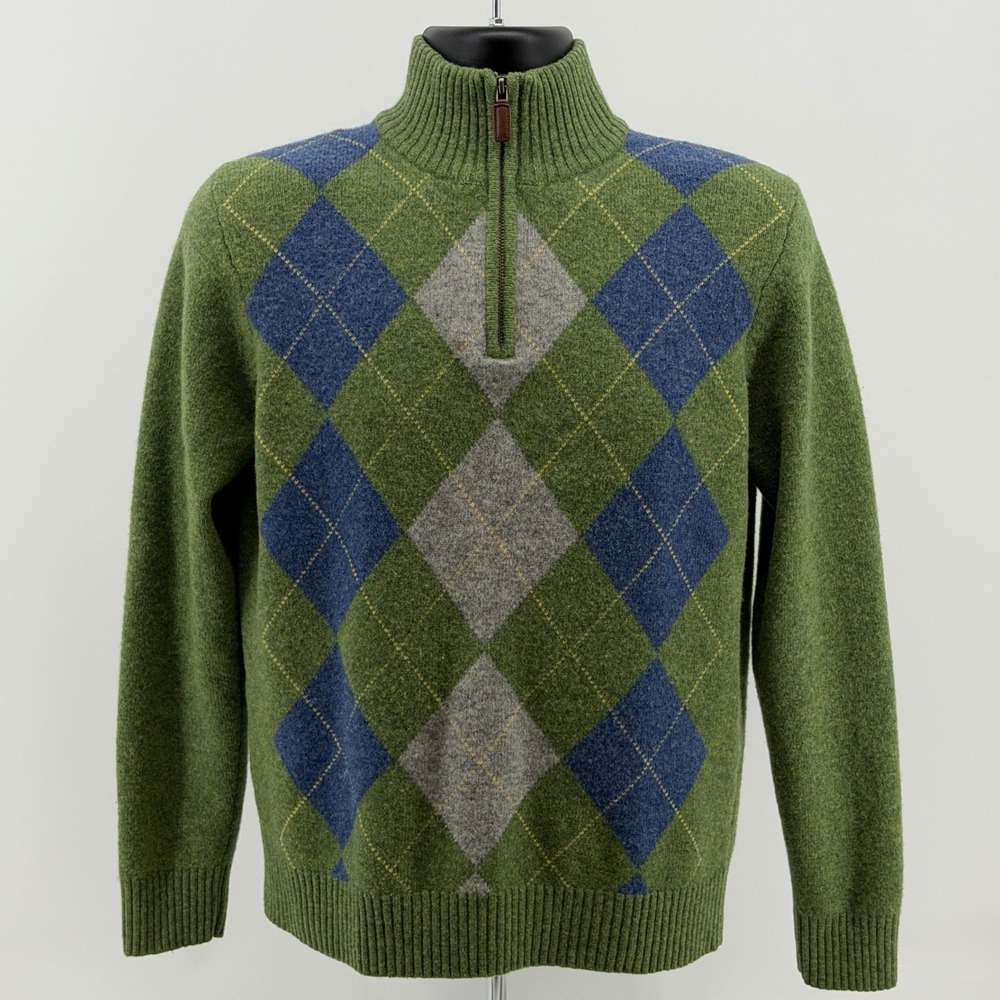 J Crew Sweater Mens M Green Argyle Lambswool 1/4 Zip Mock Neck Pullover